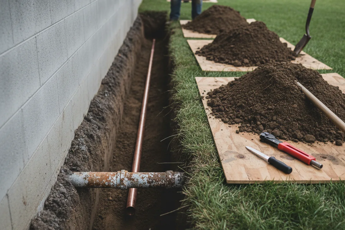 Excavated water line trench during Sewer Line Repair in Notus